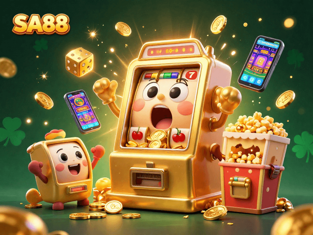 SA88's golden slot machine hits a jackpot, showering coins with vibrant casino elements.