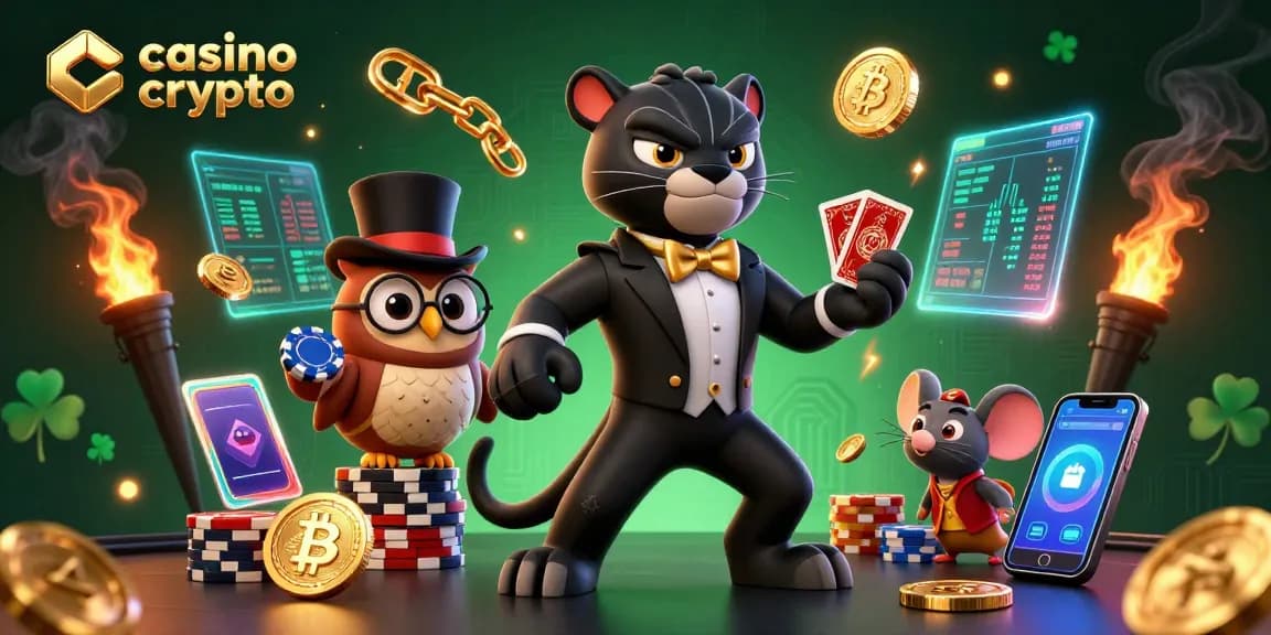 Illustration dynamique "casino crypto" montrant une panthère en smokings élégante, un hibou avec des jetons, et une souris chanceuse derrière une pile de jetons.