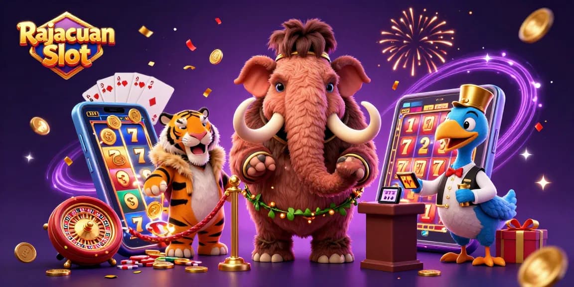Mainkan Rajacuan Slot dengan bouncer mamut bulu dalam suasana kasino yang meriah.