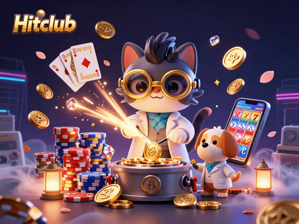 Engage with Hitclub's exciting slots and poker action through a vibrant 3D digital illustration.