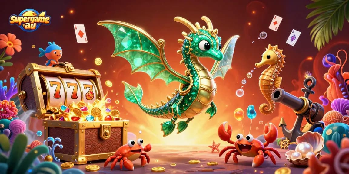 Engage with supergame au action in this vibrant underwater casino scene featuring treasure, slots, and sea creatures.