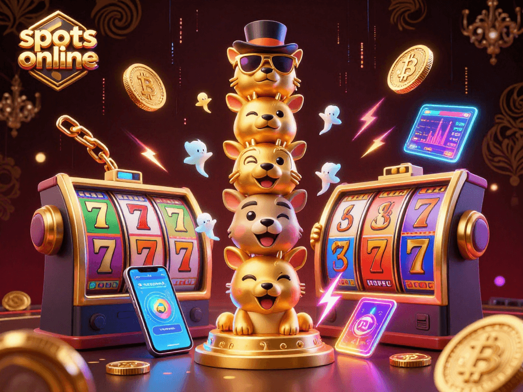 Spin vibrant slots online with colorful reels and lively casino elements in an engaging 3D scene.