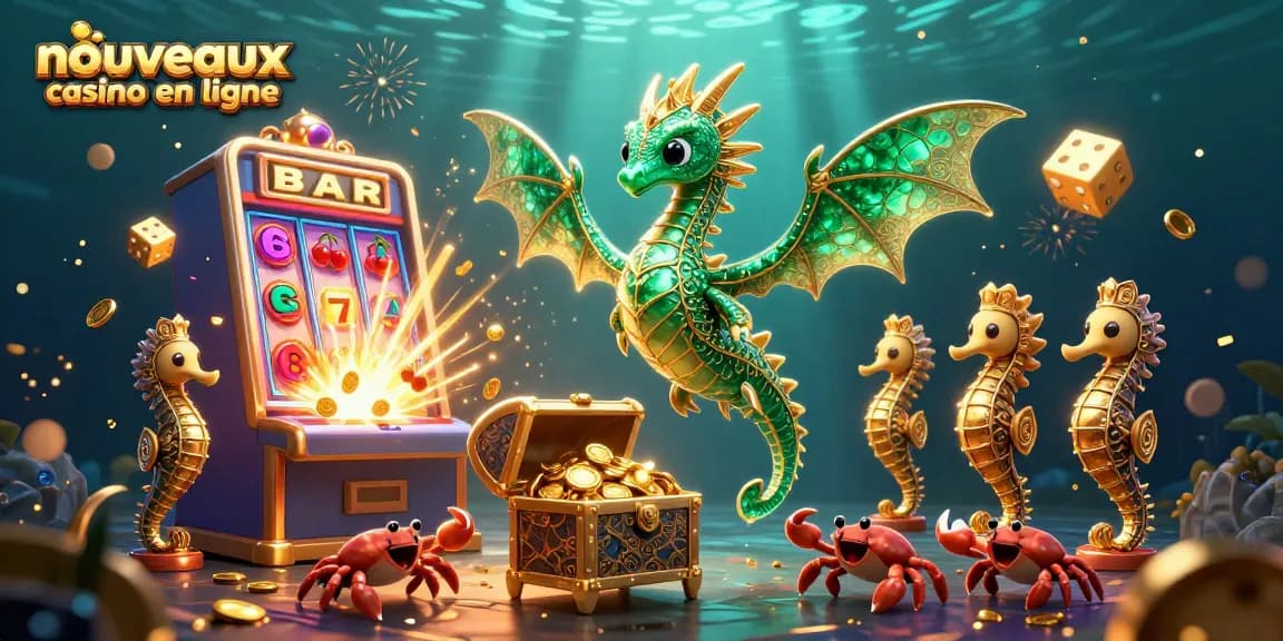 Gagnez avec le nouveau casino en ligne : illustration dynamique de machines à sous et de dragons marins.
