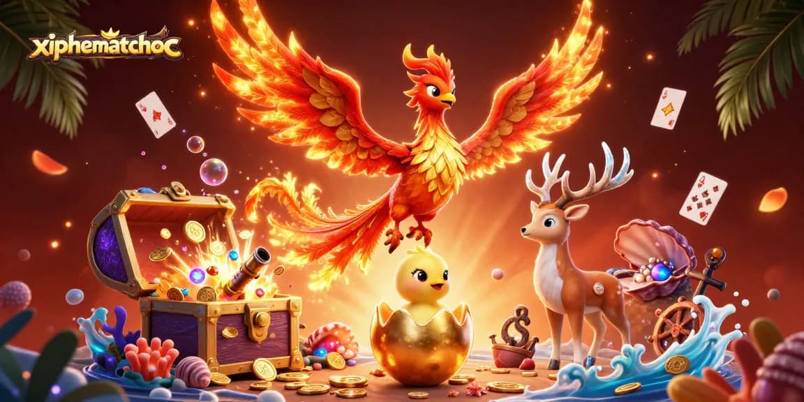 xiphematchuoc showcases an exciting phoenix-themed casino illustration with vibrant colors and dynamic elements.