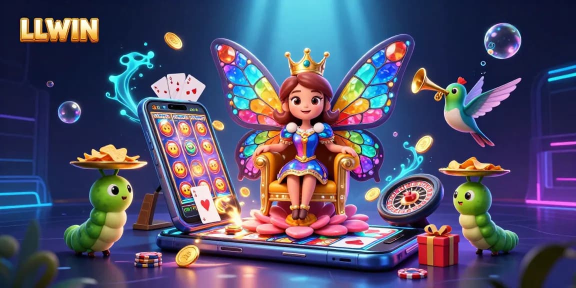 Experience LLWIN with a vibrant 3D casino scene featuring a butterfly queen, gaming elements, and enchanting visuals.