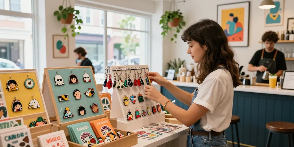 Woman exploring custom enamel pins in a trendy boutique, showcasing vibrant merchandise and a lively atmosphere.