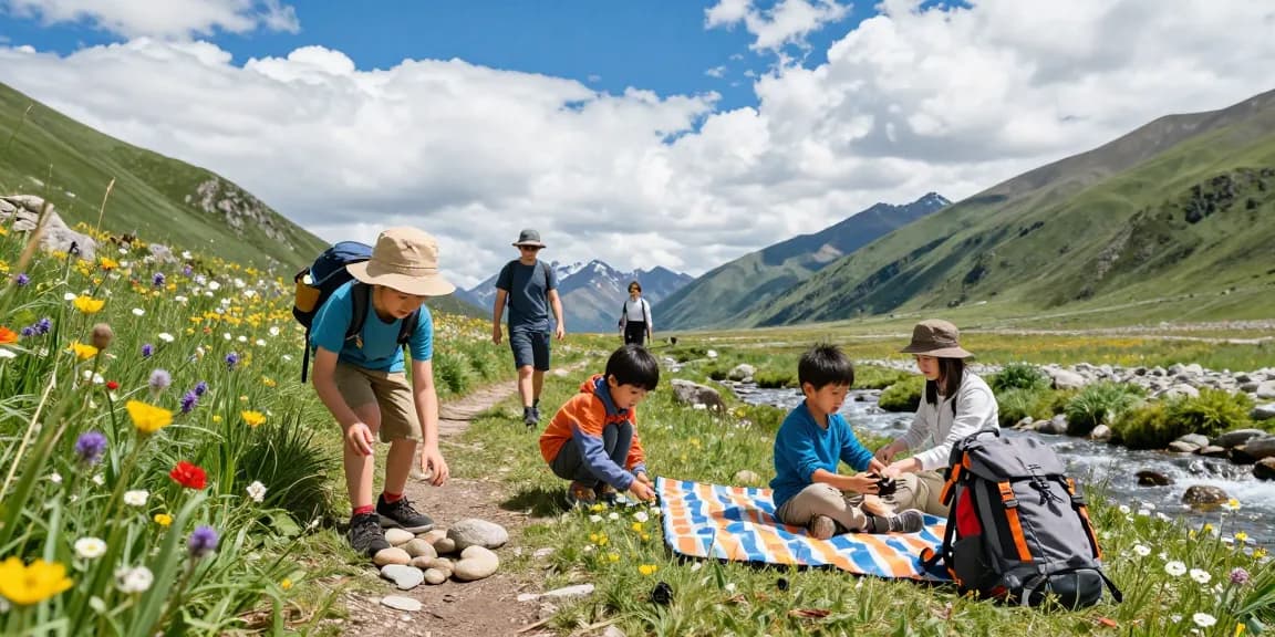 Family adventure with mantra88 in a picturesque mountain setting, children exploring nature and parents enjoying a picnic.