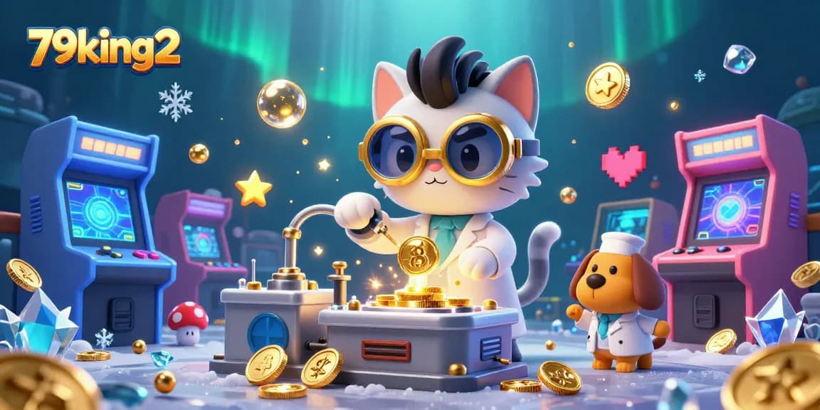Join 79king2 as a mad scientist cat creates a gold-coin machine amidst vibrant gaming elements.
