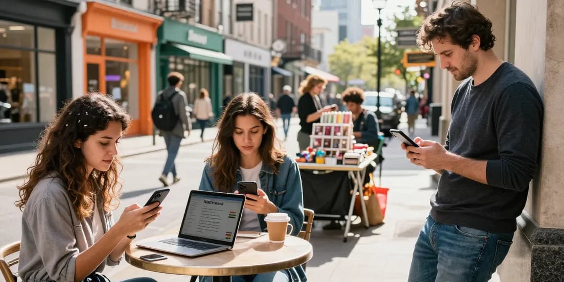 Explore local listings on BedPersonal in vibrant city setting with diverse users browsing classifieds.