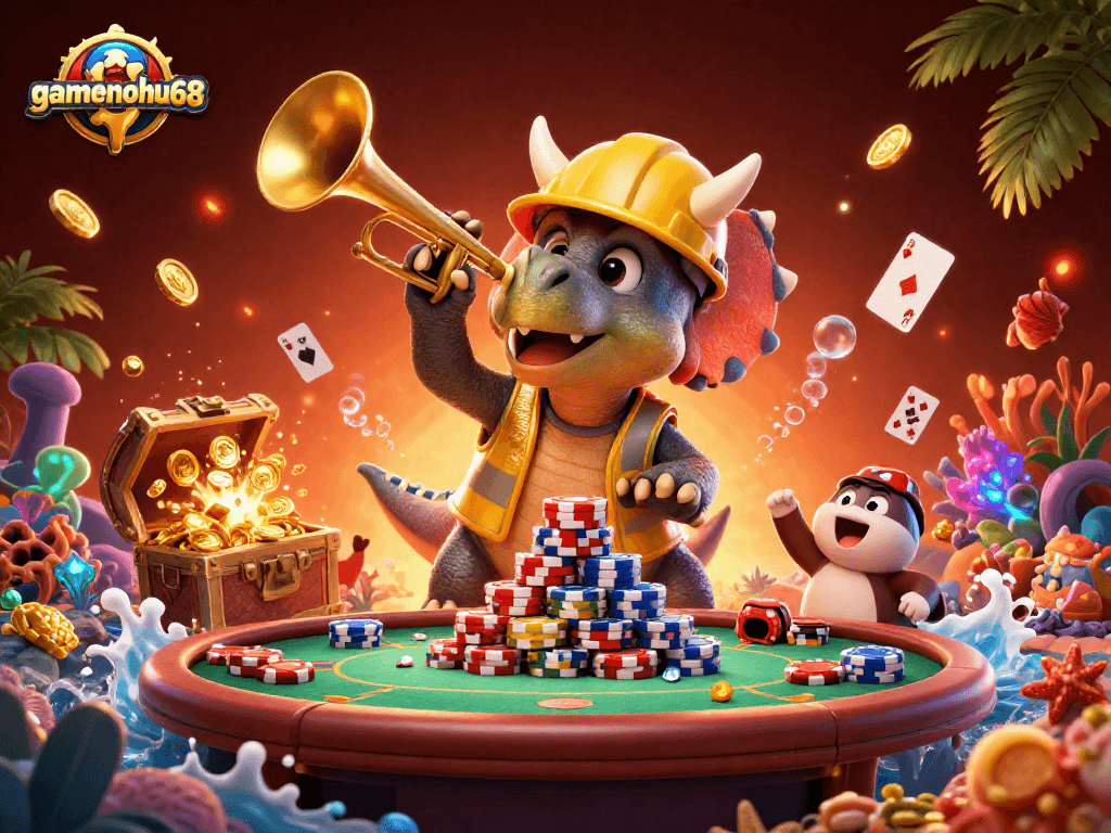 Experience the thrill of gamenohu68 with a dynamic 3D illustration of casino-themed characters and elements.