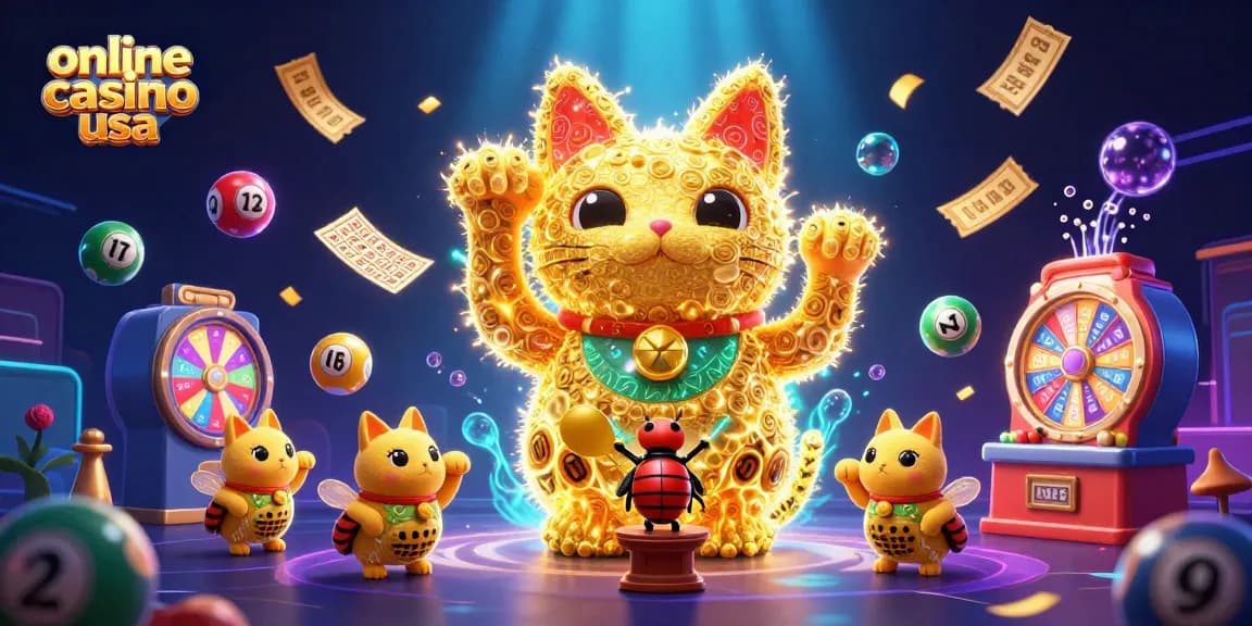 Experience real thrills at online casino USA with our vibrant cartoon lucky cat illustration showcasing dynamic gambling symbols.