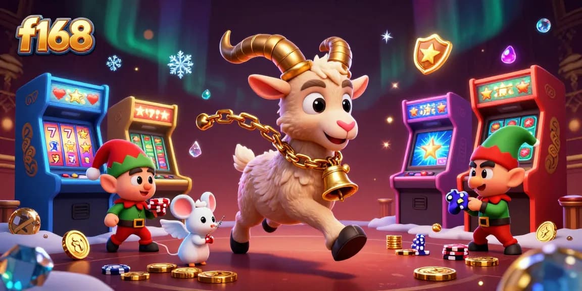 Experience the excitement of f168 with playful characters in a lively casino scene, featuring slot games and neon lights.