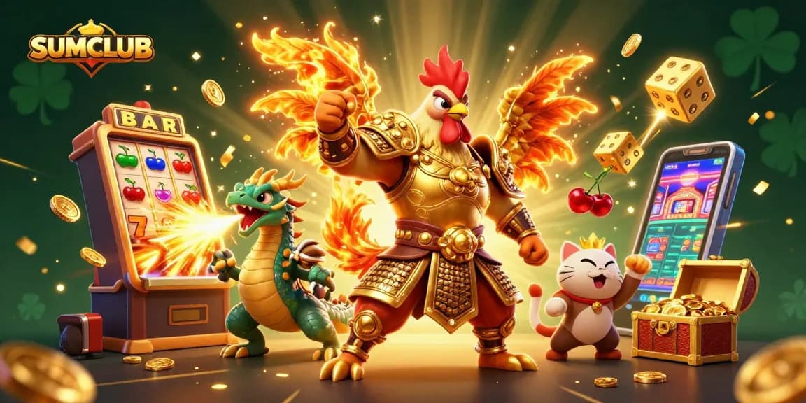 Engage with the SUMCLUB experience in a vibrant illustration depicting jackpot thrills and animated characters.