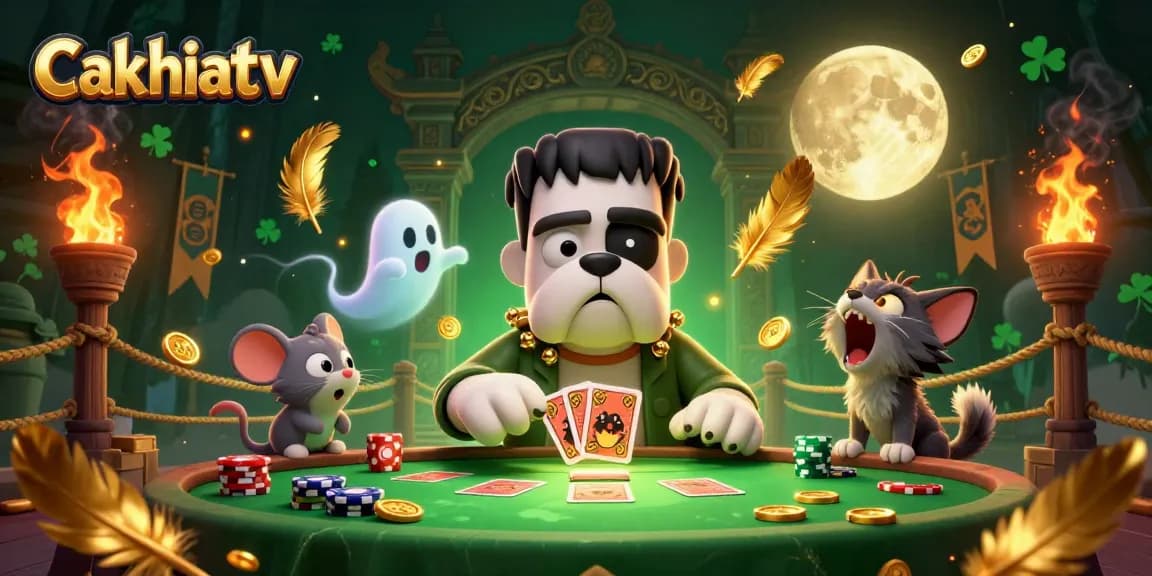 Cakhiatv features a playful 3D scene of a Frankenstein bulldog monster dealing cards, illustrating an exciting gaming atmosphere.