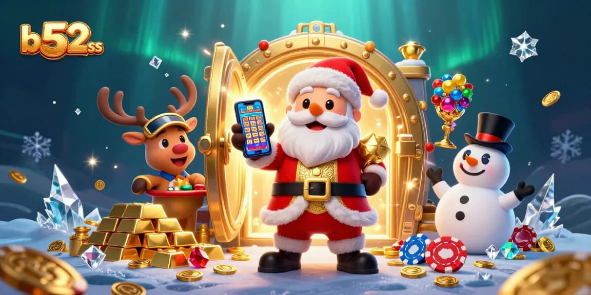 Bets and wins at b52clubss, featuring Santa with jackpot slots, a reindeer dealer, and a poker chip snowman.