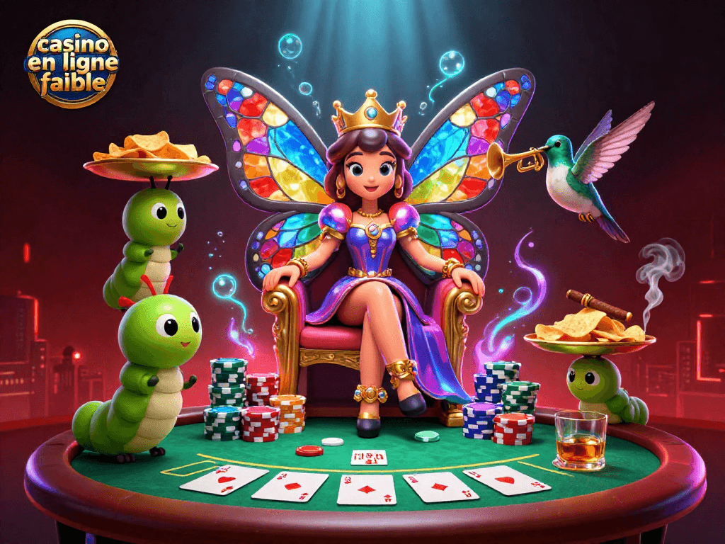 Plongez dans l'univers du casino en ligne fiable avec la majestueuse reine papillon entourée de serviteurs et de jetons colorés.