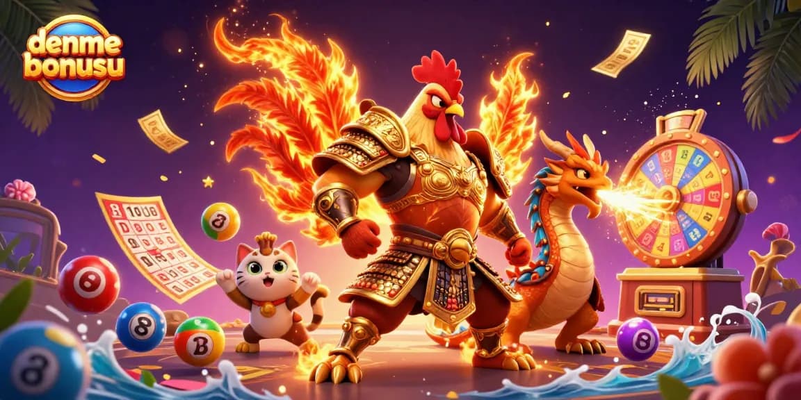 Experience deneme bonusu with a powerful rooster warrior and dragon in a vibrant casino scene.