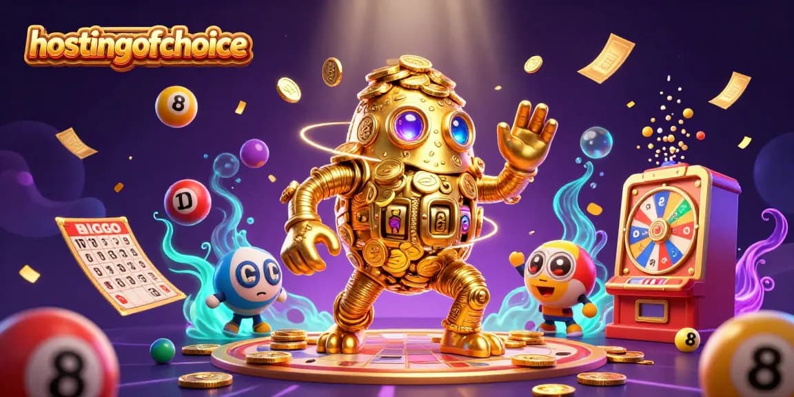 Engage in thrilling gaming at hostingofchoice with a stunning golden golem illustration surrounded by dynamic lottery elements.
