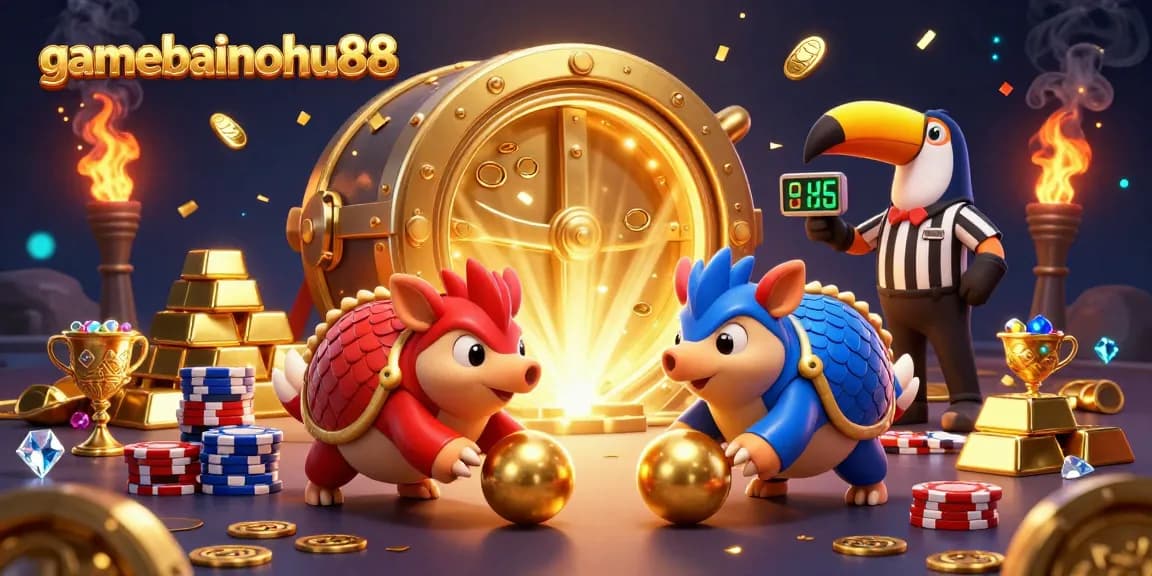 Experience excitement in gamebainohu88 as rival pangolins roll through poker chips amidst gold treasures and vibrant confetti.