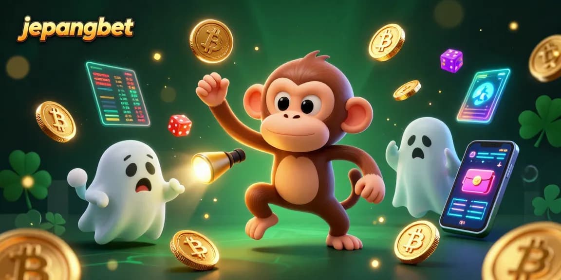 Experience exciting jepangbet thrills with a playful ghost monkey juggling coins in a haunted casino scene.