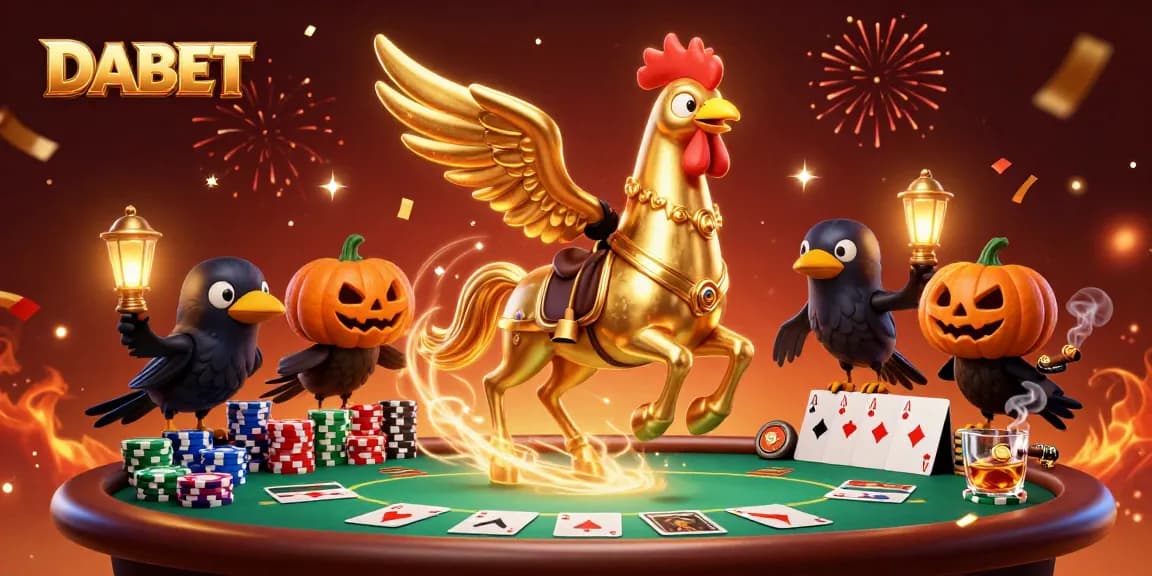 DABET game illustration featuring a golden rooster horseman and poker elements creating casino excitement