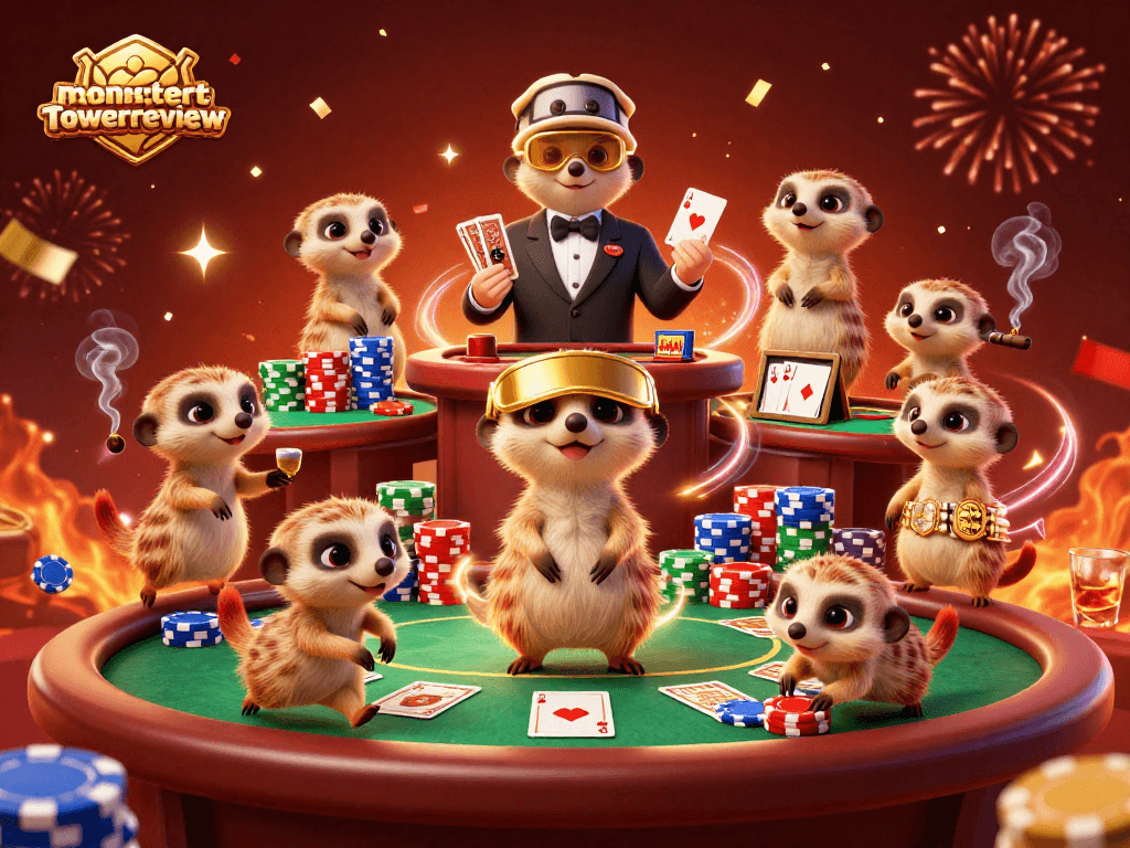 Engage with thrilling gameplay in monstertowerreview, featuring meerkat dealers at a festive casino.