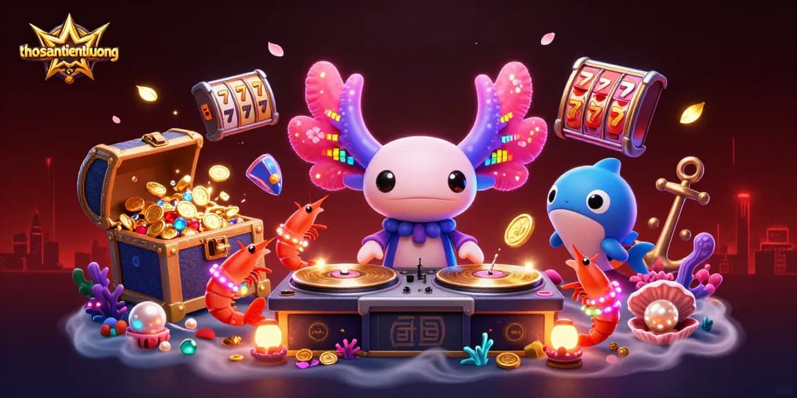 Experience the excitement of thosantienthuong with an ultra-detailed 3D gaming scene featuring vibrant characters and casino elements.