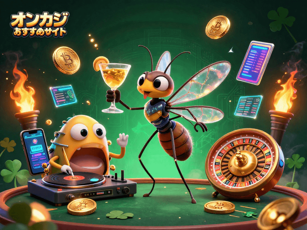 オンカジ おすすめサイトでのスロットプレイを楽しむ3Dキャラクターたちのイラスト。