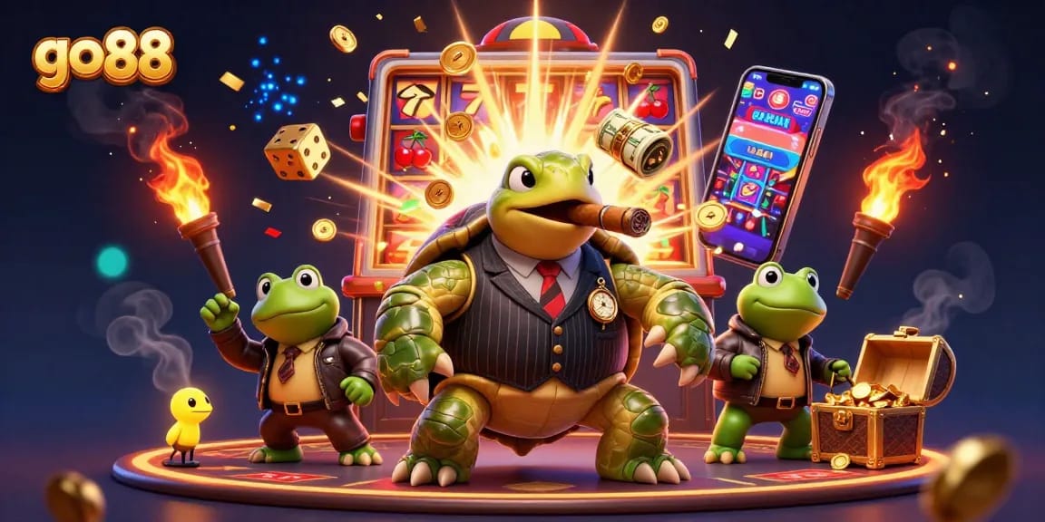 Win big with go 88 at a vibrant casino scene featuring a turtle mobster and slot machines.