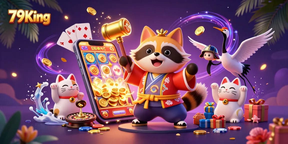 79King lucky tanuki and fortune cats celebrate in a vibrant 3D casino scene.