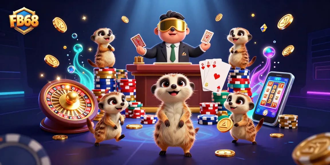 Engaging meerkats showcase FB68's thrilling casino operations amid golden coins and vibrant playing cards.
