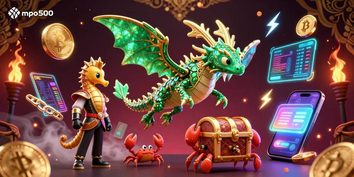 Engage with mpo500 in a thrilling underwater crypto adventure featuring a majestic sea dragon and treasure chest.