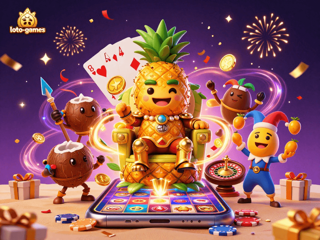 Loto-games celebrate with a golden pineapple king and jester in an action-rich casino scene.