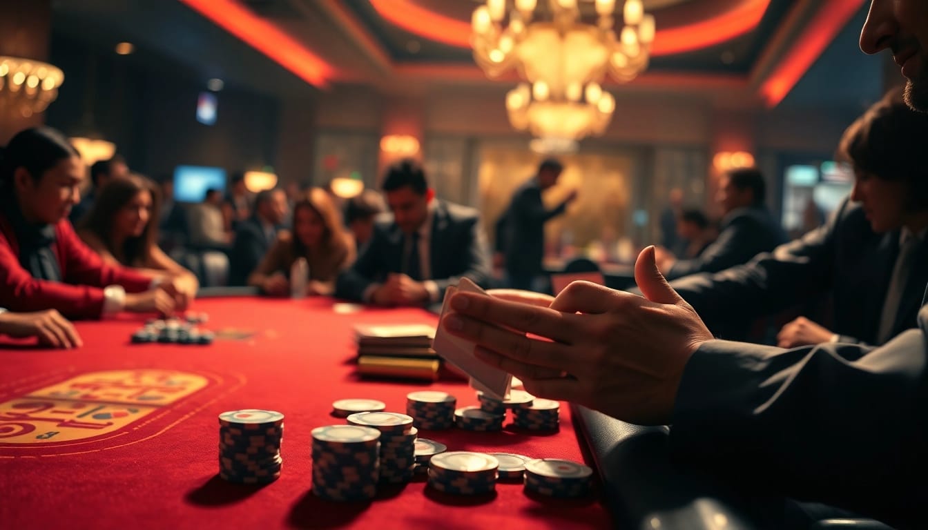 Arus Hoki menghadirkan suasana kasino yang hidup dengan pemain yang terlibat dalam permainan poker.