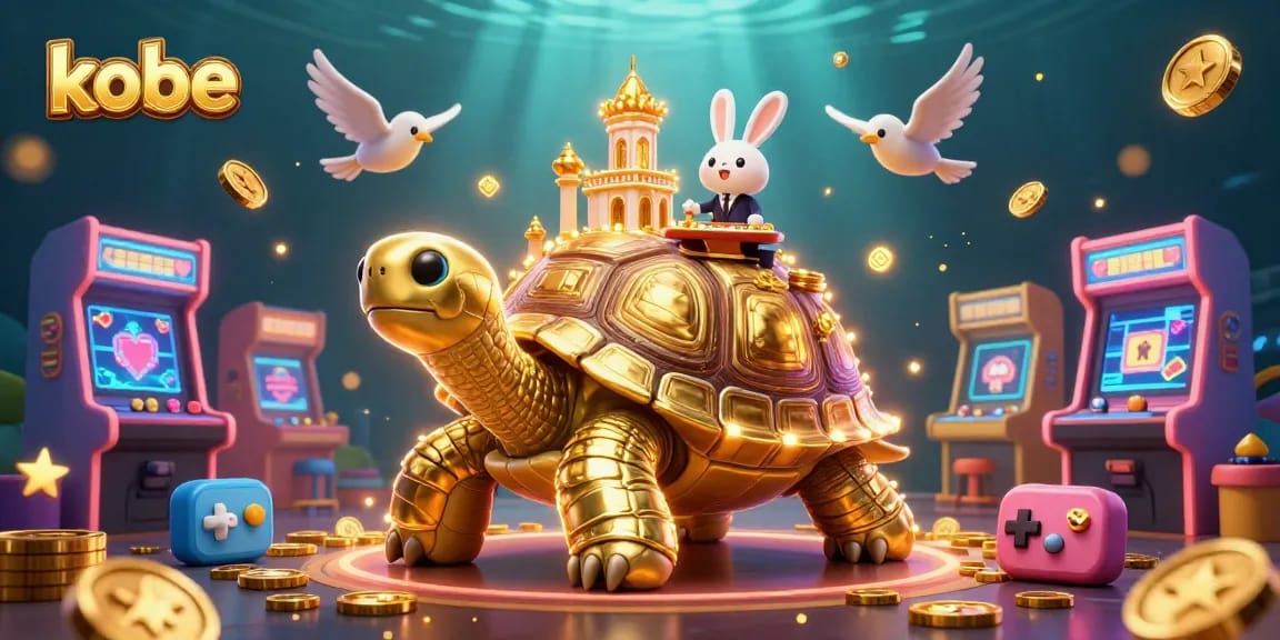Kobe showcases thrilling casino action with a giant tortoise and vibrant game elements.