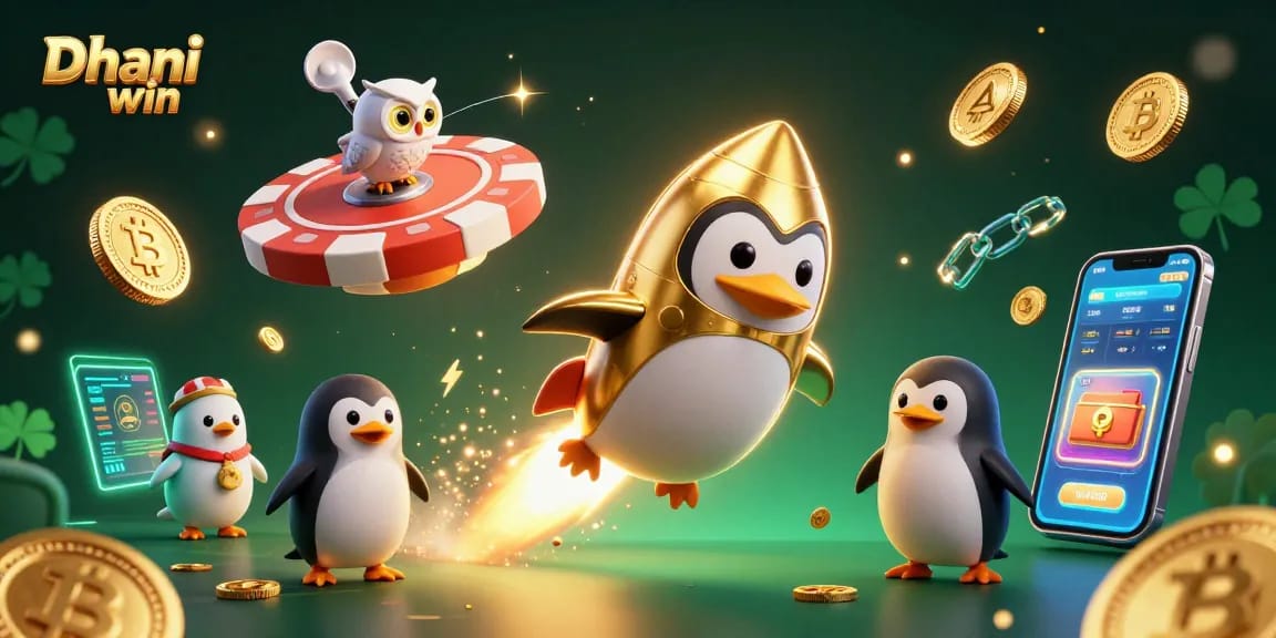 Dhani win game featuring a golden penguin soaring past a poker chip-shaped casino, surrounded by digital coins and vibrant energy.
