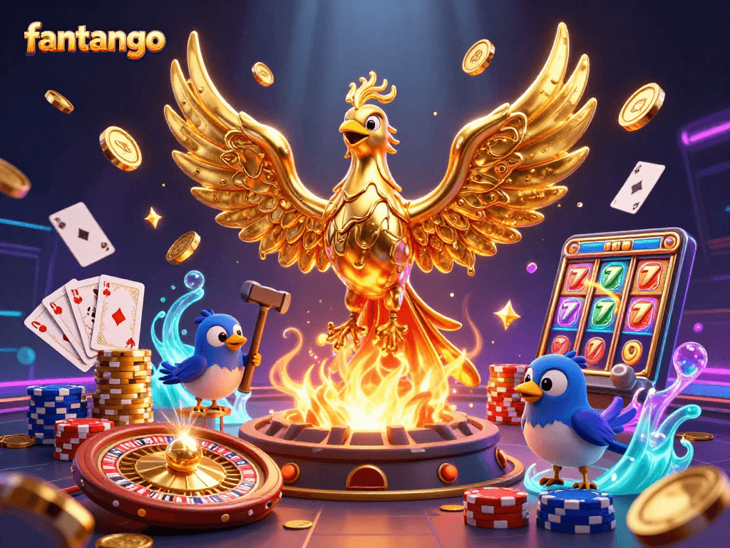 Experience the thrill of fantango with a dynamic scene of a molten phoenix, cascading coins, and jackpot excitement.