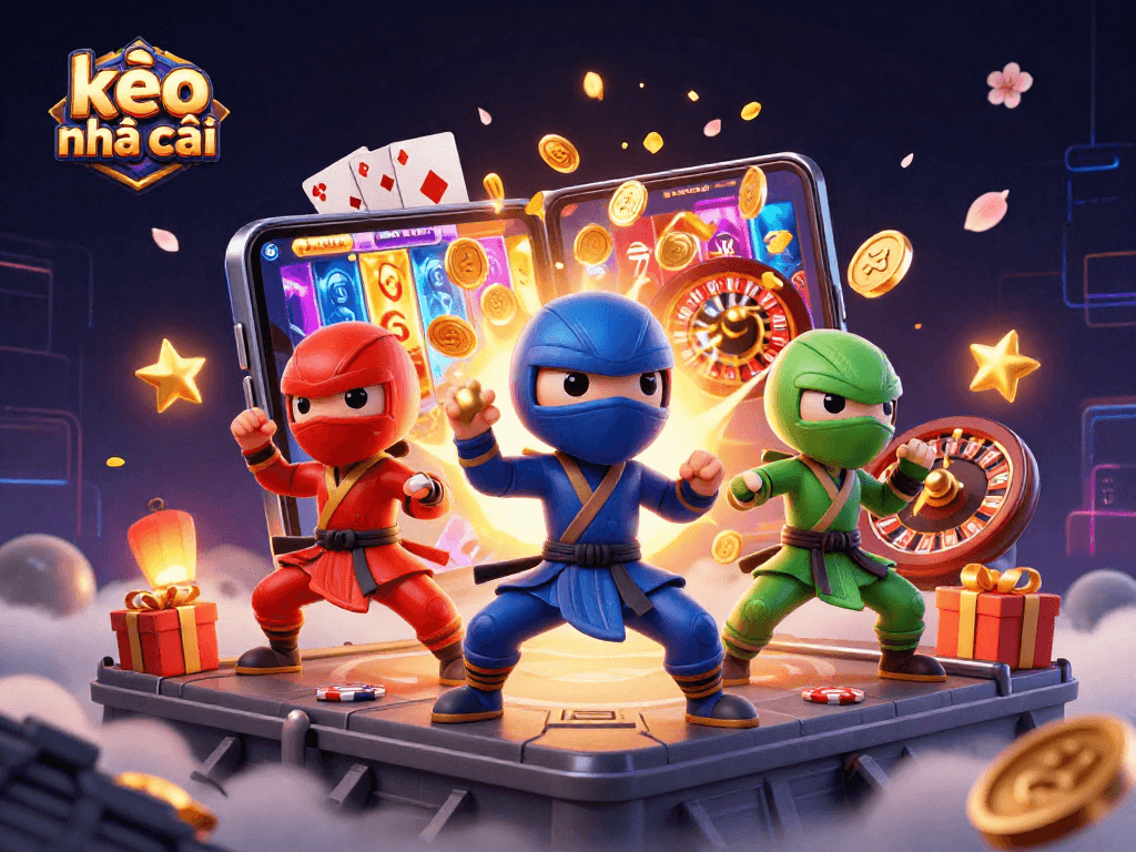 Engage with kèo nhà cái while three ninja chameleons showcase martial arts on a vibrant, dynamic rooftop scene.