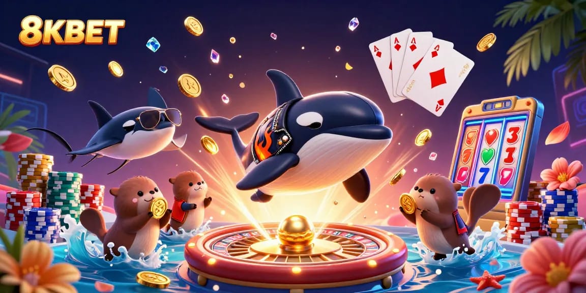 Watch 8KBET's thrilling casino scene with lucky characters and vibrant gaming elements!