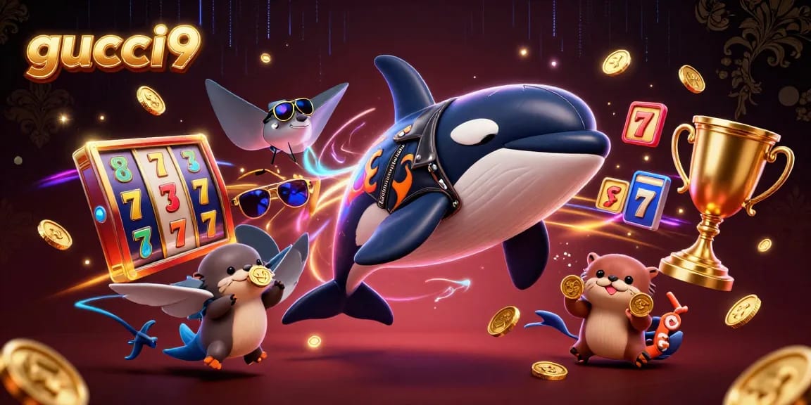Experience the excitement at gucci9 with dynamic slot reels and vibrant characters in a colorful casino scene.