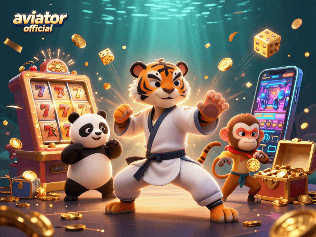 Aviator official slot game scene with kung fu tiger, panda, and monkey enjoying casino action