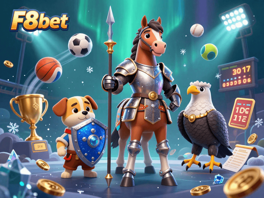 Experience thrilling gameplay with F8bet as medieval characters gather around dynamic sports elements in this vibrant illustration.