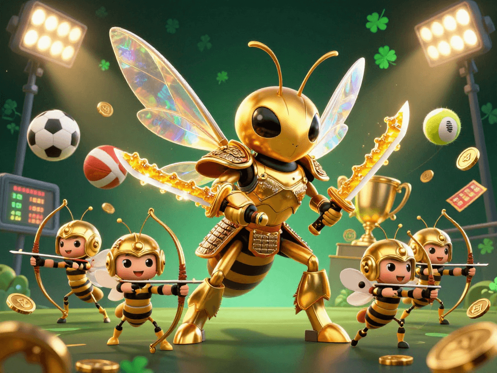 Engaging scene showcasing uu88 with a cartoon hornet and bee archers amid vibrant sports elements.