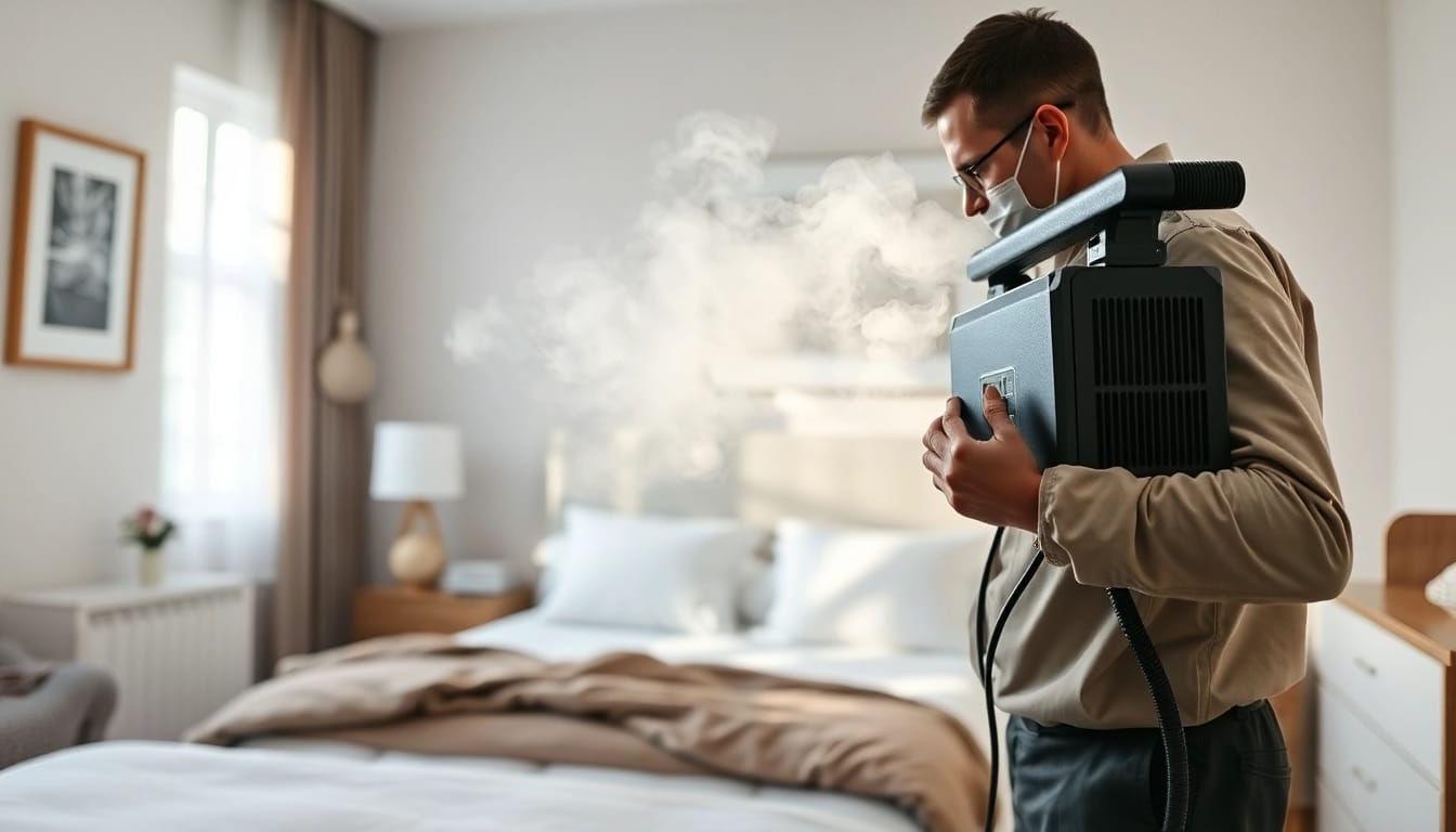 Professional conducting bed bug heat treatment in a cozy bedroom with a focus on safety.
