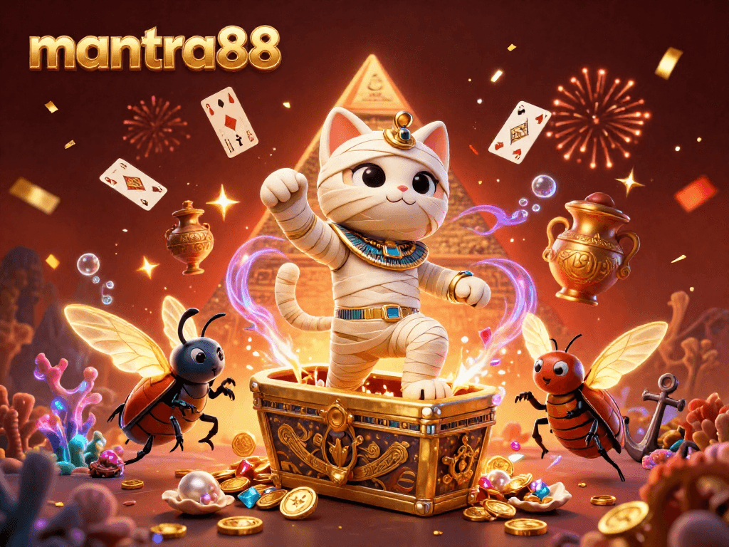 Experience the thrill of mantra88 with a vibrant 3D casino scene featuring a mummy cat, scarab beetle, and floating cards.