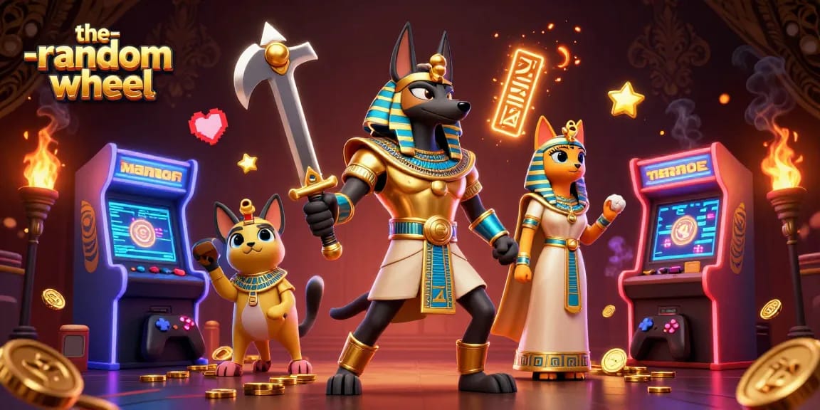 Spin the random wheel for epic wins in this visually stunning casino scene featuring Anubis and Bastet.