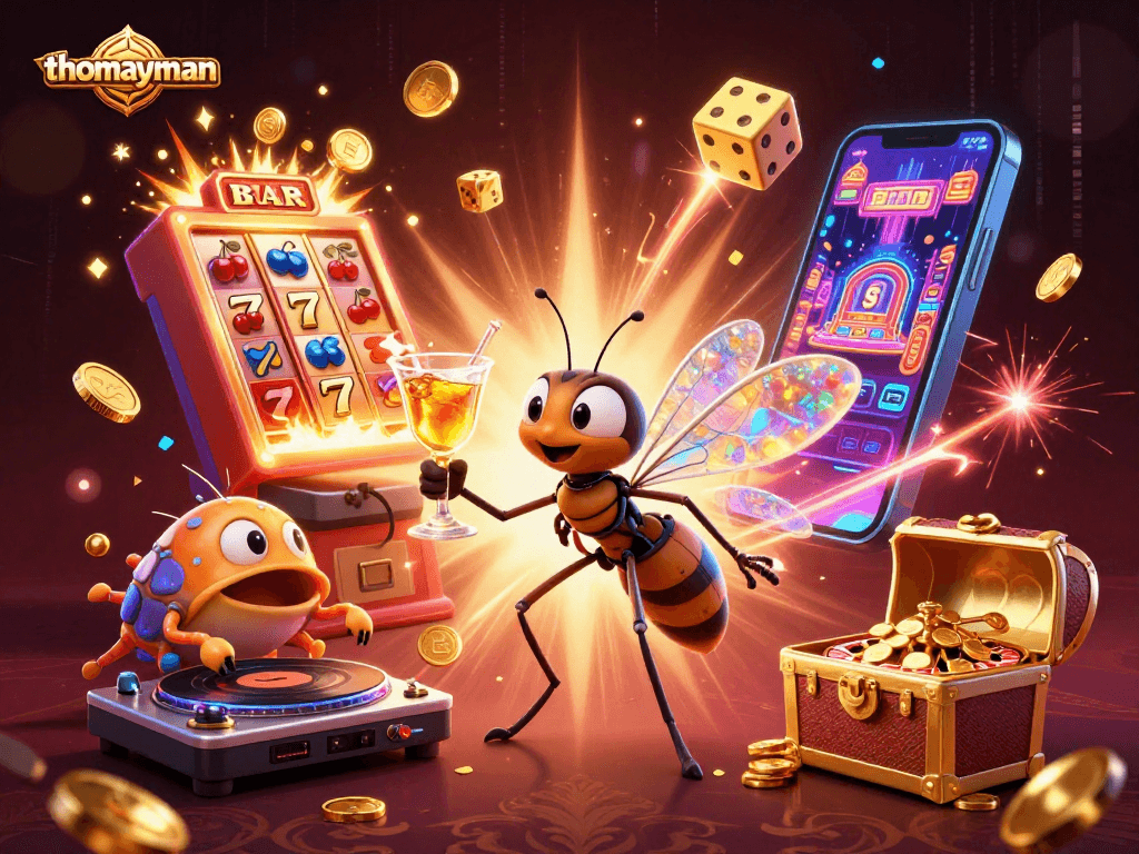 Experience thrilling wins with thomayman in a vibrant, dynamic casino scene featuring classic elements.