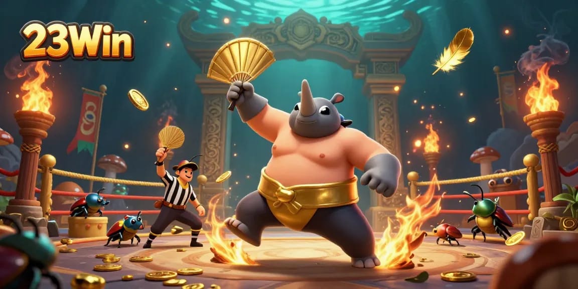 Experience thrilling action at 23Win with golden coins flying as the champion beetle dominates the arena.