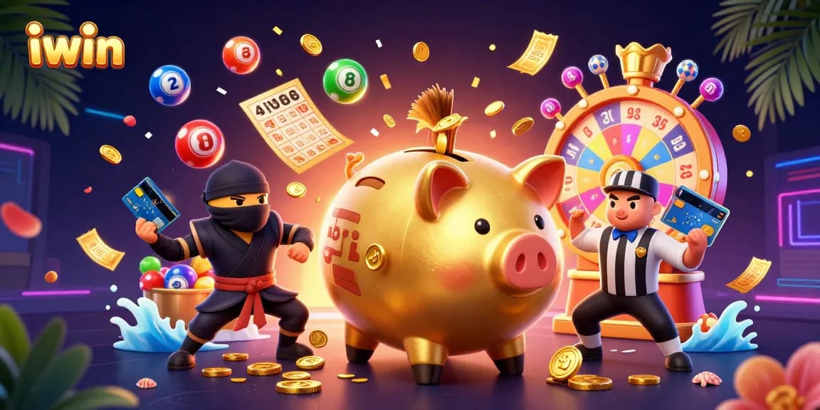 Witness the iwin excitement as our golden piggy bank sumo wrestles for jackpots amidst colorful lottery balls!