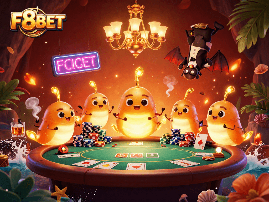 Experience F8BET's vibrant cave casino with glowworms brightening up the lively poker table